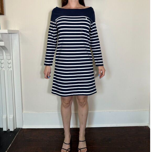 Polo Ralph Lauren Blue White Striped Longsleeve Preppy Mini Dress Size L NWT - Picture 1 of 6